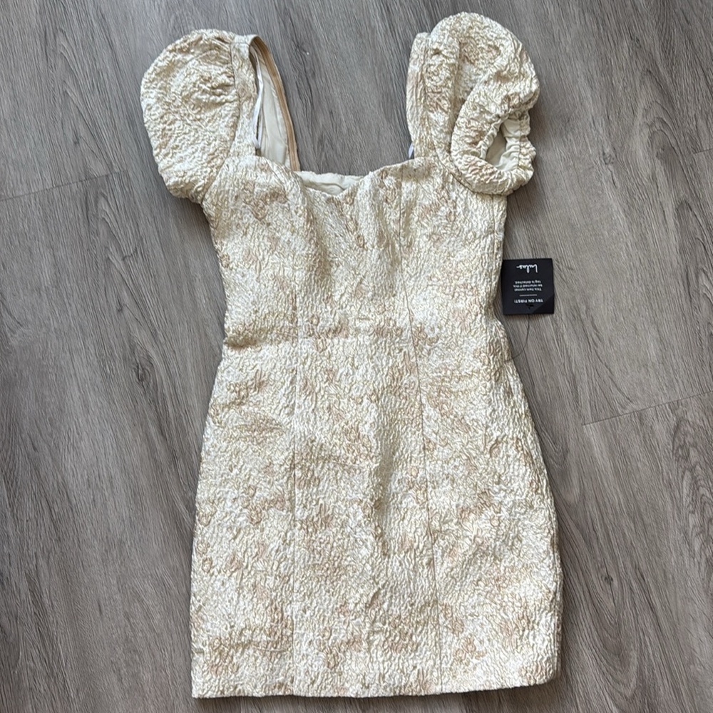 Sweetest Essence Cream Floral Jacquard Puff Sleeve Mini Dress